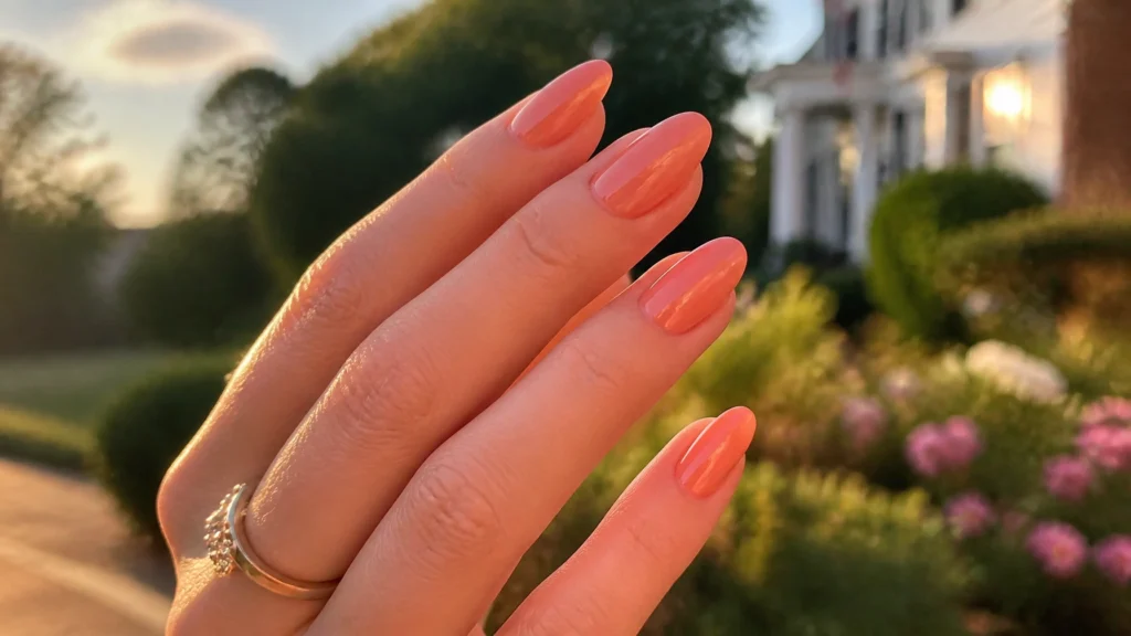 Glossy peach jelly-finish almond nails catching golden-hour light