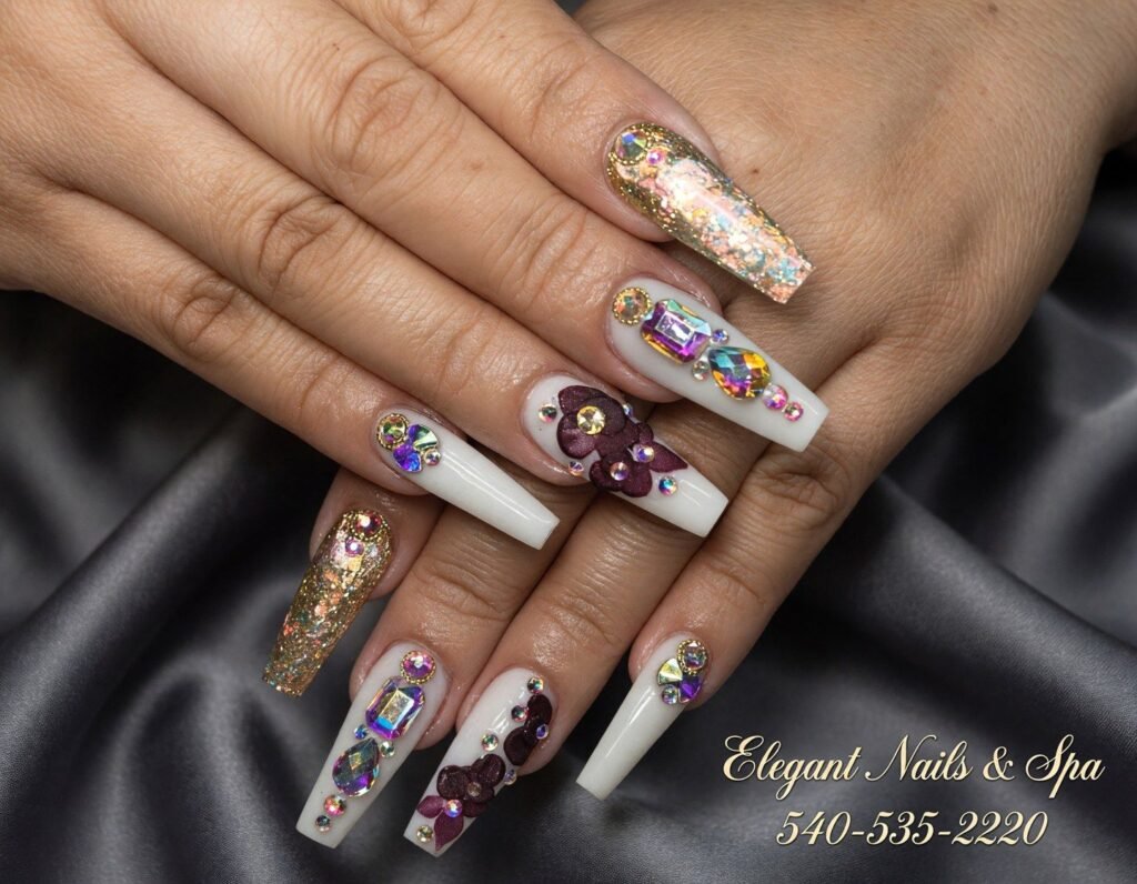 White coffin nails with crystals and 3D burgundy florals by Elegant Nails & Spa, Winchester VA